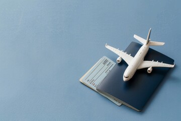 Photo with focus on toy airplane on top of a passport and flight booking ticket, blank cover passport, minimalism photo