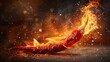   A high-resolution image depicting a detailed view of a hot dog placed on a table, with intense flames erupting from its top