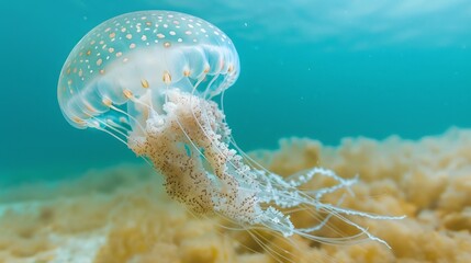 Wall Mural - Jellyfish swimming among sandy ocean floor