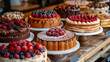   A display case brimming with numerous cakes adorned with luscious frosting and scrumptious raspberries atop each cake