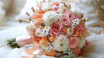 Sticker -   A white bed displays a bridal bouquet of pink and white flowers, accented by baby's breath and a matching ribbon The bride's bouquet is seen in the background