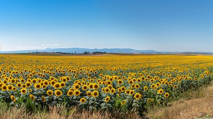 Wall Mural - A panoramic view of a sunflower field at sunrise, with dew sparkling on the leaves and the warm light illuminating