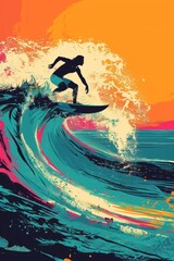 A pop art interpretation of a surfer riding a turquoise wave, with exaggerated lines, simplified details, and a vibrant sunset