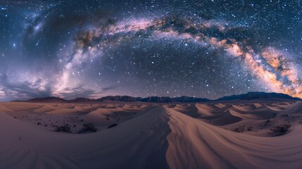 A sweeping panorama of rolling sand dunes under a starry night sky, the Milky Way visible