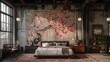 Stylish Bedroom Interior with Cherry Blossom Wall Art and Industrial Design Elements