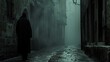 Capture the essence of suspense and mystery in a panoramic view for a detective story Include shadowy alleys, dimly lit streets, and a lone figure in a trench coat perfect for a thrilling book cover
