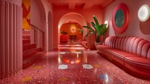 Modern Red Interior With Terrazzo Floor And Arched Doorways