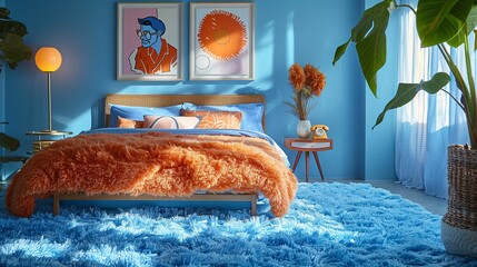 Canvas Print - Stylish Bedroom Interior with Blue Decor and Modern Furnishings