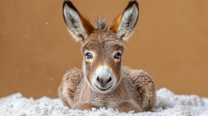 Poster -   A tight shot of a small donkey reclining on a snowy bed, its head tilted to the side