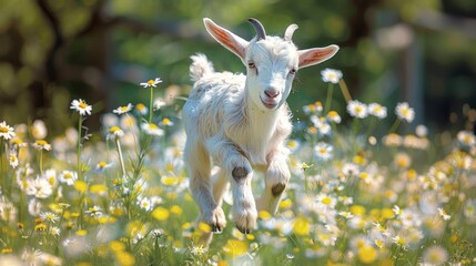 Wall Mural -   A baby goat races through a meadow filled with daisies and various wildflowers