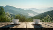 Coffee cups on the wooden table with mountain background