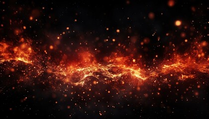 Detail of fire ember particles sparkle background, vibrant fire colors of spinning sparks