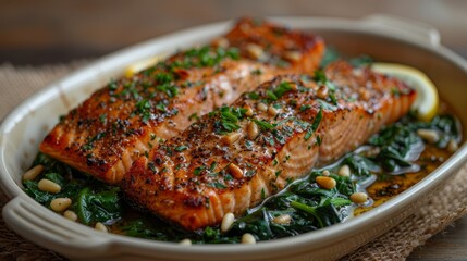   A tight shot of two salmon fillets atop a bed of spinach and pine nuts on a cloth tablecloth