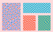 Psychedelic checkerboard and daisy background set. Wavy vector illustrations, trendy psychedelic style and groovy color checkerboard.