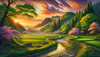 Sunset Over Cherry Blossoms and Rice Fields Landscape Painting
