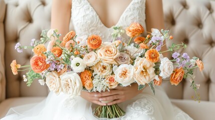 Sticker -   A woman in a wedding gown holds an orange and white flower bouquet with greenery, seated on a couch