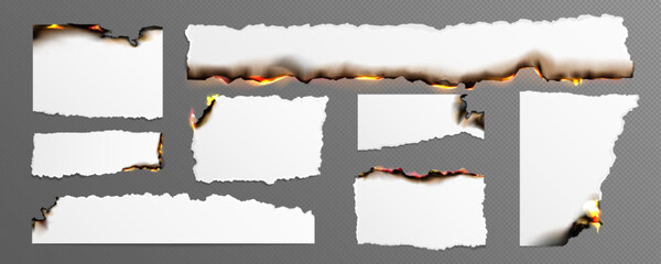 Poster - Burning paper pieces set isolated on transparent background. Vector realistic illustration of blank pages with uneven black edges, destroyed by fire flame, scorched letter sheets, old parchment scrap