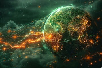 Canvas Print - A digitally composed image showing Earth with glowing network connections representing globalization and communication