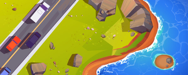 Wall Mural - Top view of road running along sea coast. Vector cartoon illustration of trucks and autos seen from above riding coastline highway on summer day, rocky stones on green lawn, blue water washing shore