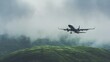 A serene image of an airplane gliding through a misty landscape, with soft clouds wrapping around green hills