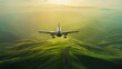 The sun's soft glow perfectly highlights this majestic airliner as it gracefully glides over vibrant green fields and a winding road