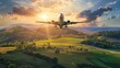 An airplane ascends into the sky, backdropped by a serene landscape bathed in the warm glow of a setting sun