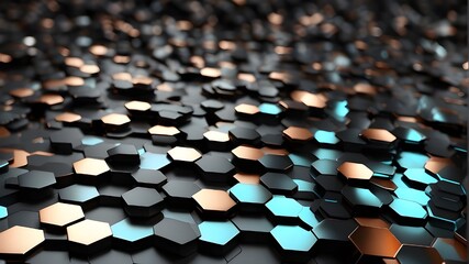 Wall Mural - Background of hexagonal honeycomb technology, abstract metallic backdrop with hexagonal shapes and light