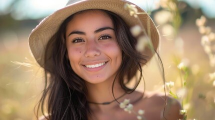 Canvas Print - Woman in hat smiling among flowers