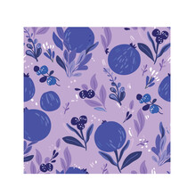 Trendy Cute Garden Picnic With Blueberry Illustration Seamless Pattern. Design For Fashion, Fabric, Textile, Wallpaper, Wrapping And All Prints. Natural Fresh Blueberries.Bright Blue, Violet Elements