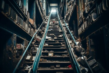 a waste processing plant s conveyor belt, showcasing a multitude of discarded materials being transported for sorting and processing