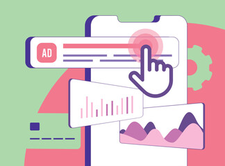 Poster - Digital PPC dashboard shows campaign performance through graphs and charts. Pay-per-click campaign monitor metrics like click-through rates, ppc conversion rates and quality score. Vector illustration