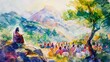 A watercolor scene of the Sermon on the Mount with Jesus teaching amidst a colorful