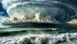 Great hurricane over a stormy sea with large waves crashing on the coast. Generative Ai.