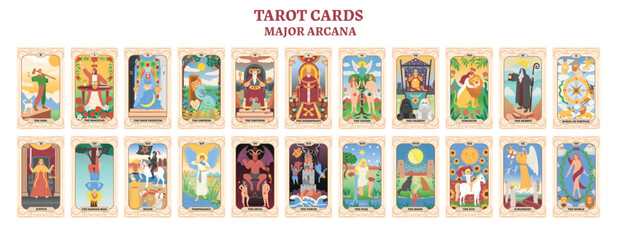 Set of colorful tarot cards. Tarot cards major arcana. flat style.