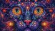 A cat's visage is transformed into a kaleidoscopic dreamscape, with eyes like portals to another dimension, surrounded by a symphony of vibrant, psychedelic patterns and cosmic motifs.