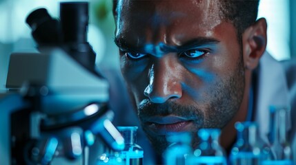 Poster - Laboratory Research: A researcher looking through a microscope at a biological sample