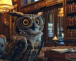 A robotic owl librarian, in scholarly glasses, curates a collection for the hotel's library