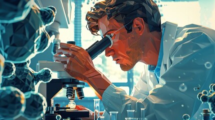 Wall Mural - Scientific Discovery: A 3D vector illustration of a scientist looking through a microscope at a cell