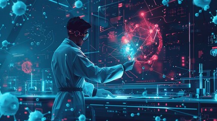 Wall Mural - Scientific Discovery: A 3D vector illustration of a scientist using a futuristic device to manipulate atoms