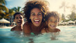 Happy family having fun on summer vacation. African American single mother and children playing in swimming pool at the resort. Traveling to tropical beach. Active healthy lifestyle, moments of life