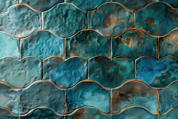 Poster - Blue ceramic pattern tiles artistic background. Created with Generative AI technology.