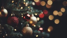 Christmas Tree With Red Gold Ornaments And Baubles On Blurred Bokeh Lights Background Generative Ai