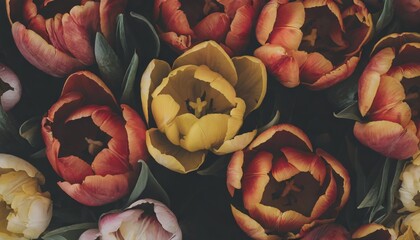 Wall Mural - top down view of many tulip flowers in red orange and yellow colors