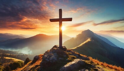 Wall Mural - crucifixion of jesus christ at sunrise a christian cross on top of a hill at sunset easter and christian concept horizontal background copy space for text