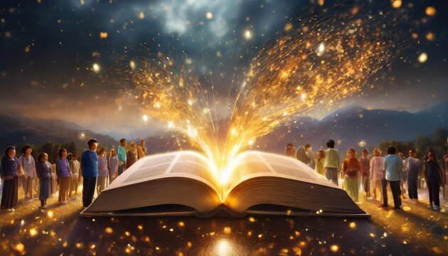 people stand around an open book and worship it golden sparks fly out of the book religion and faith