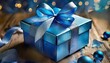 a blue gift box with a blue ribbon and a bow generative ai