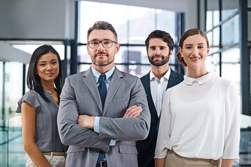 Wall Mural - Portrait, collaboration and leadership with business people arms crossed in office together for corporate management. Company, trust and manager with team in workplace for professional partnership