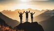 celebrate victory and success over sunset background together overcoming obstacles as a group of three people raising hands up on the top of a mountain