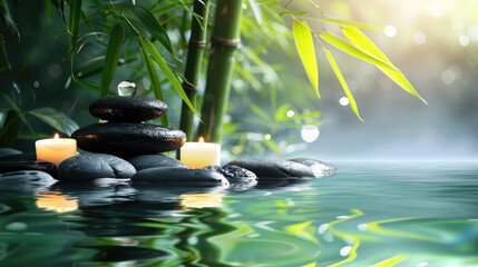 A serene and calming spa ambiance with candles lit among stones, reflecting on a water surface, surrounded by greenery