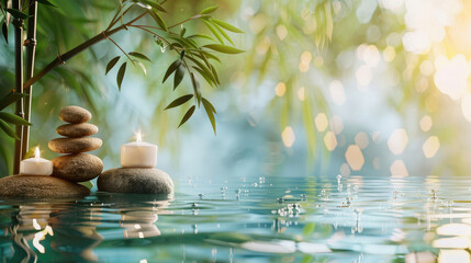 candles, pebbles, and bamboo create a tranquil water scene, evoking serenity and the concept of zen 